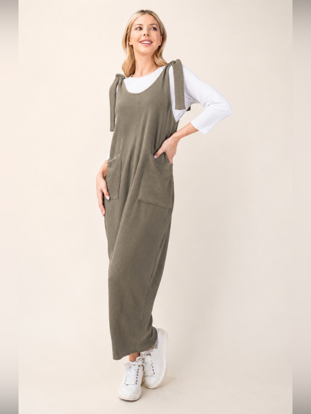 Celeste Olive Tie-Shoulder Ribbed Jumpsuit 2X